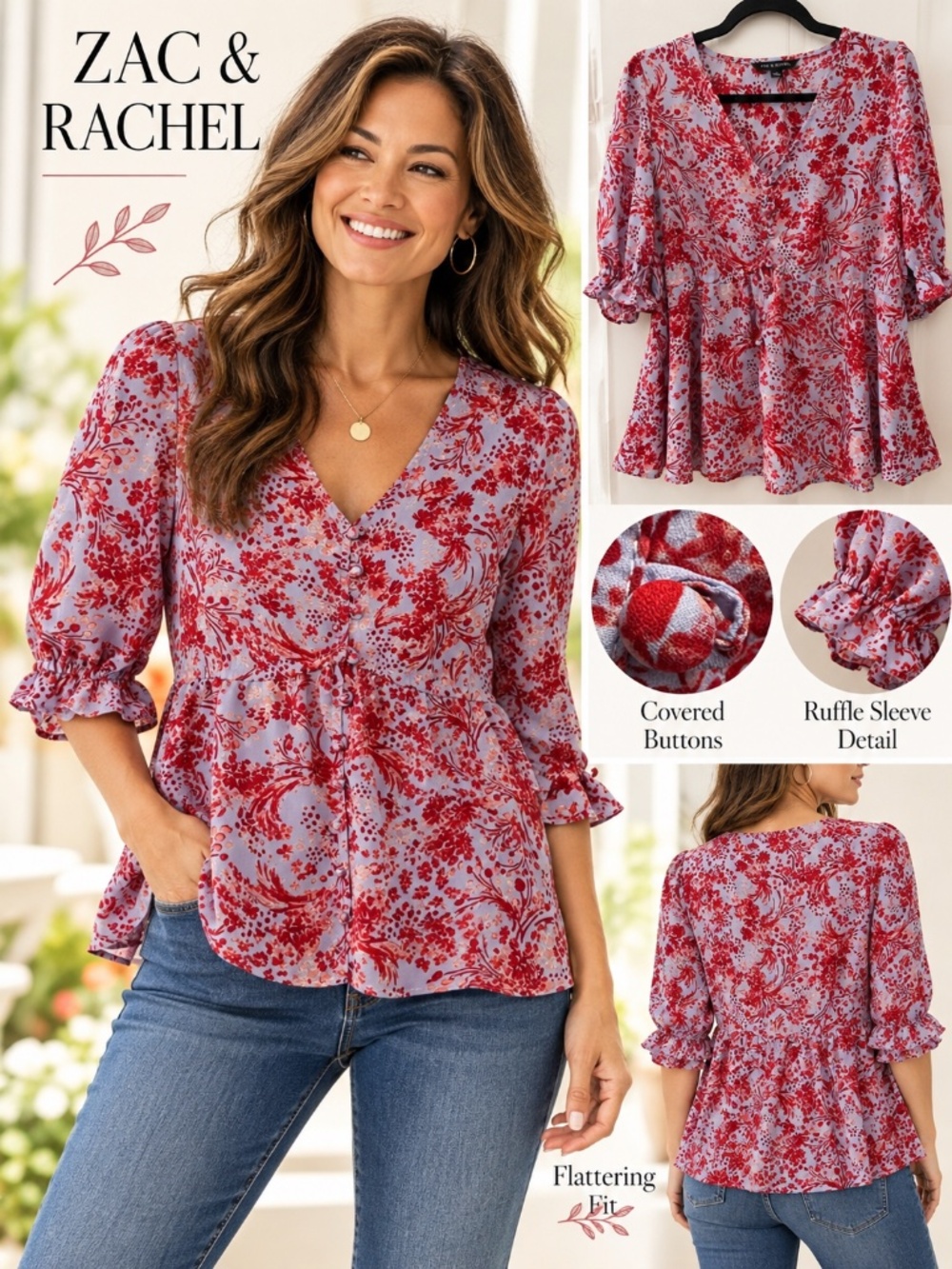 Zac & Rachel Floral Peplum Blouse | Size S | Ruffle Sleeve